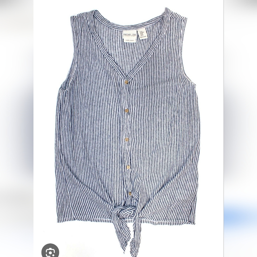 Rachel Zoe Linen Coastal Nautical Navy Striped Button-Down Top Marine